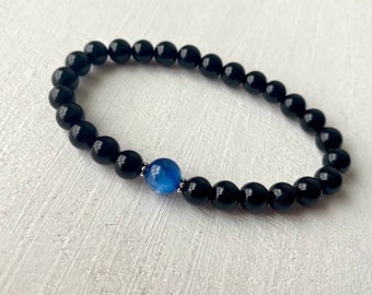 Pulsera de turmalina negra y cianita, pulsera negra para mujer o hombre, pulsera de cuentas, pulsera de protección, pulsera chakra, piedra preciosa natural