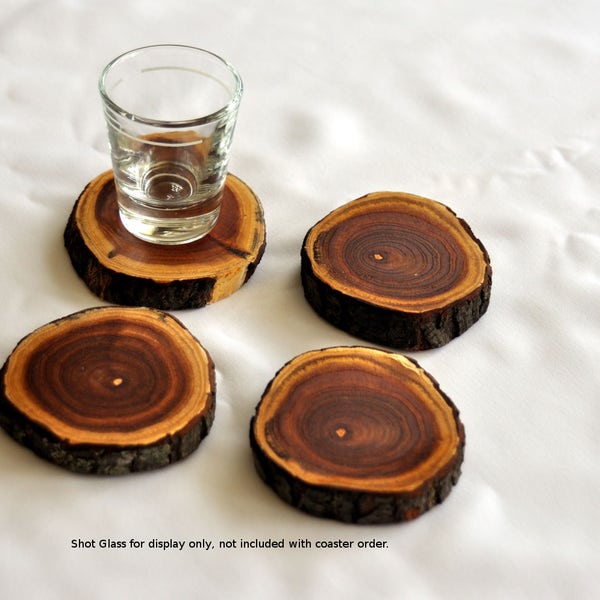 Coasters, Wood, Rustic, Shot Glass, Chinaberry, Bark ON, Set of 4 coasters