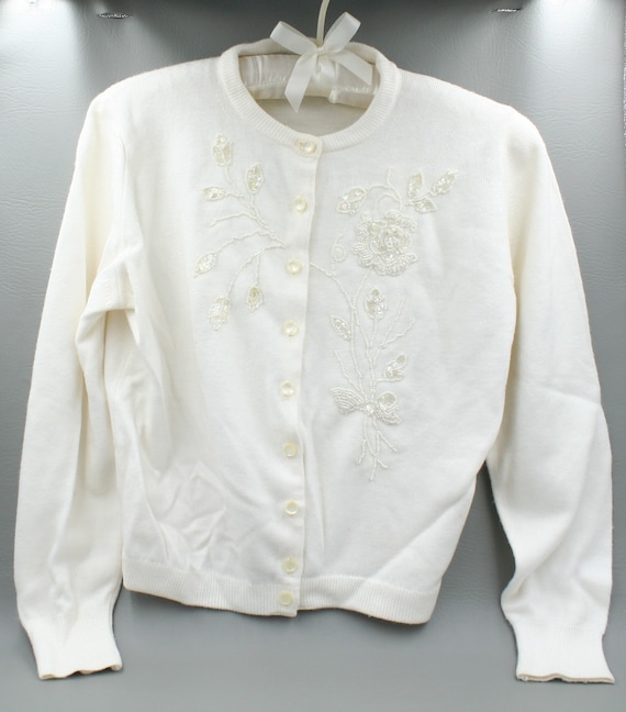 White on White Vintage Beaded Sweater, Ladies X-Sm