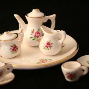Miniature China Tea Set, White with Pink Roses