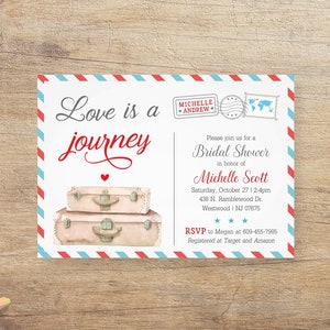 Travel Bridal Shower Invitation, Love is a Journey, Airplane Wedding Shower, Airline Themed Invite, Blue Red Postcard, Suitcase RT Printable