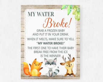 Woodland My Water Broke Game, Printable Baby Shower Sign, Ice Cube Babies Game, Frozen Baby Drink, Forest Theme, WD Digital Download 8x10