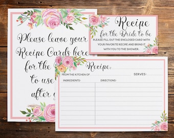 Floral Recipe Card, Pink Recipe Cards, Kitchen Bridal Shower, Bridal Activity Insert, Roses Peonies, Instant Download, KS Printable 4x6 5x7