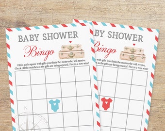 Travel Baby Shower Bingo, Blank Bingo Cards, Suitcases, Airplane Themed Baby Shower, Girl Boy Shower Games, Red Blue, TR Instant Download
