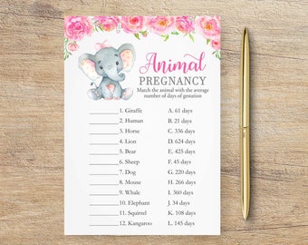 Animal Gestation Game, Baby Shower Games, Pregnancy Guessing Game, Little Peanut, Baby Animals, Pink Floral Girl Theme, EB Instant Download