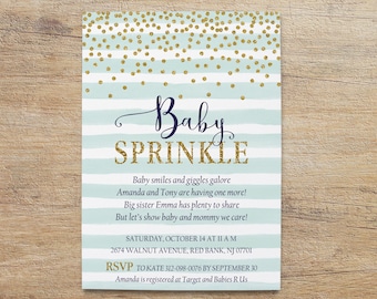 Baby Sprinkle Invitation Boys, Boy Baby Sprinkle Invites, Blue Gold, Light Blue Stripe Invitations, Printable Suite, PDF, GB Digital Invites