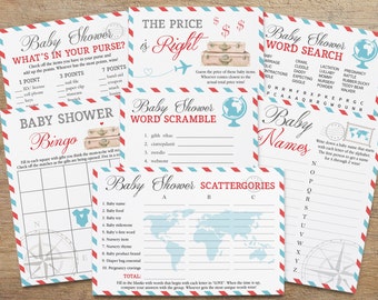 Travel Themed Baby Shower, Printable Baby Games, Game Pack, Around the World Theme, Game Bundle, Girl Boy, Digital, TR Instant Download