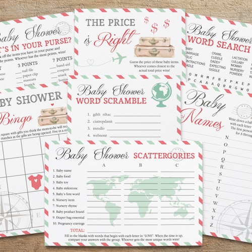 Travel Themed Baby Shower Printable Baby Games Game Pack - Etsy