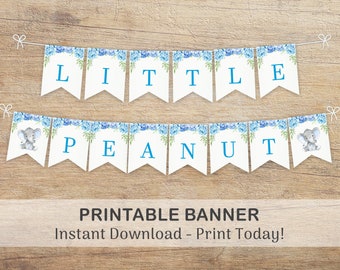 Little Peanut Banner, Printable Bunting Flags, DIY Banner, Elephant Baby Shower, Baby Boy Sprinkle, Blue Floral Decor, BB Instant DOWNLOAD