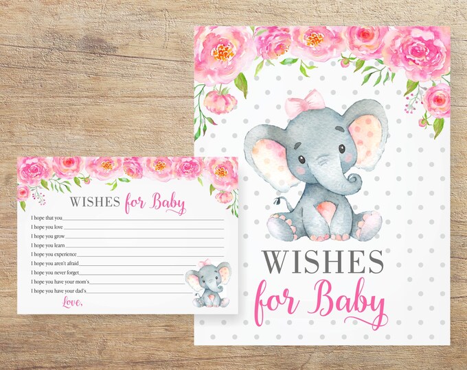 Wishes for Baby Printable, Pink Baby Wishes Sign, Cards, Girl Elephant ...