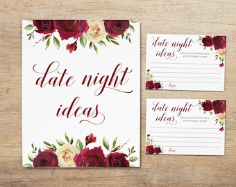 Cartes de date de nuit, imprimable signe de nuit de date, cartes de conseils florales bordeaux, activité de douche nuptiale, pot de date de mariage Marsala, téléchargement BM