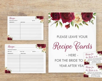 Marsala Recipe Card, Printable Recipe Pack, Kitchen Bridal Shower, Floral, Red Flowers, Burgundy Sign Decor Set, BM 4x6 5x7 Instant Download