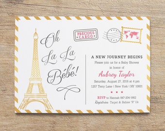 Paris Baby Shower Invitation, Travel Theme, Baby Girl Invites, Gold Pink Paris Invitations, Paris Themed Shower, Oh La La, Digital Printable