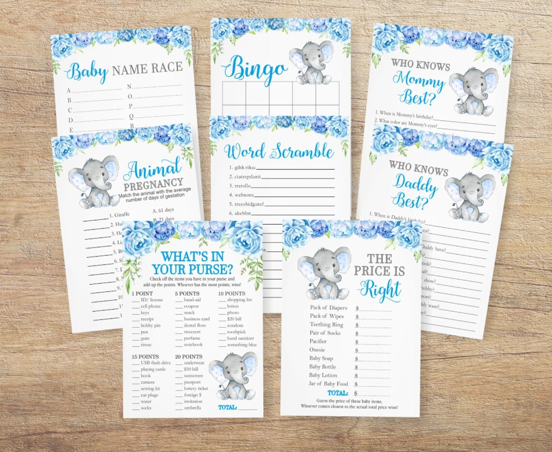 Blue Elephant Games Baby Shower Games Game Package Boy Etsy