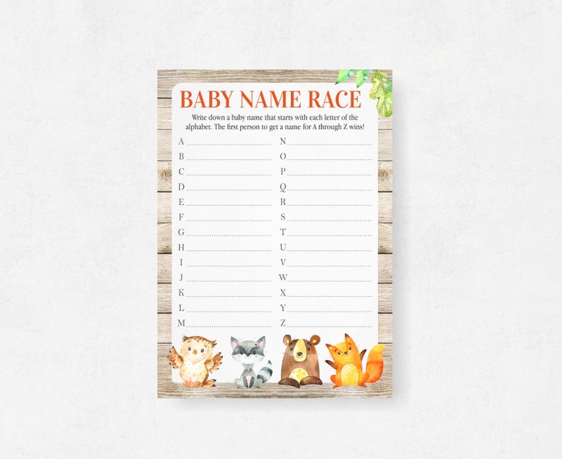 Baby Name Race Woodland Theme Alphabet Names A Z Baby Etsy