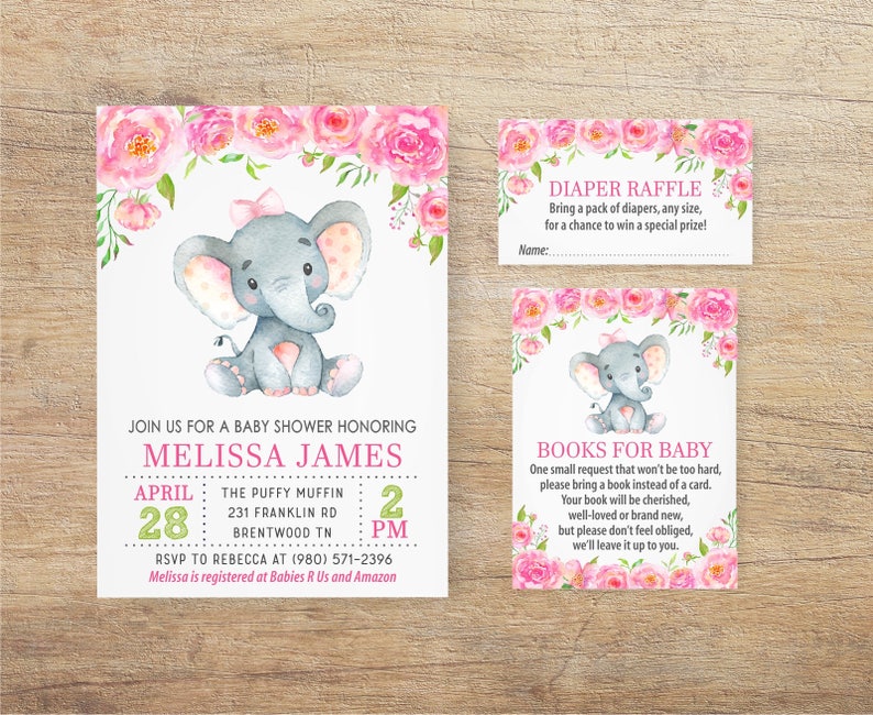 Elephant Baby Shower Invitation Girl, Girl Elephant Invites, Pink Floral Sprinkle Invite, Cute Invitations, Little Peanut, EB Printable 5x7 