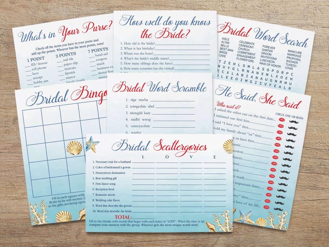 Bridal Shower Beach Theme Games Package Printable Bridal Etsy