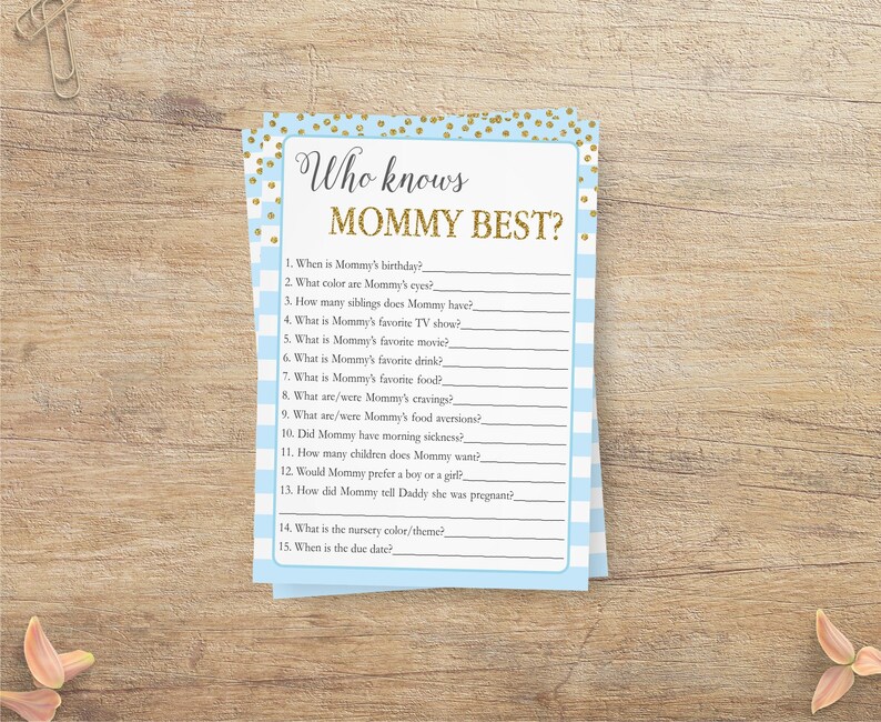Who Knows Mommy Best Baby Shower Quiz Blue Gold Glitter Etsy