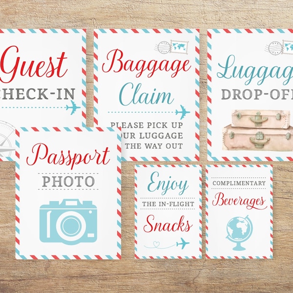 Airplane Signs, Travel Wedding, Airline Themed Baby Shower, Bridal Decor, Around the World, Birthday Printable, Blue Red, TR RT Download