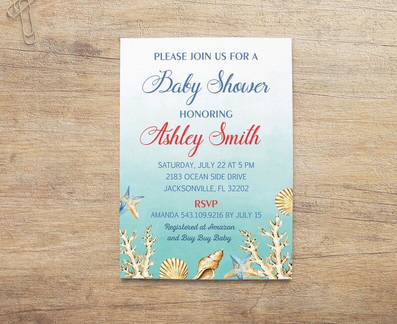 Beach Baby Shower Invitations Ocean Invite Summer Theme Sea Etsy