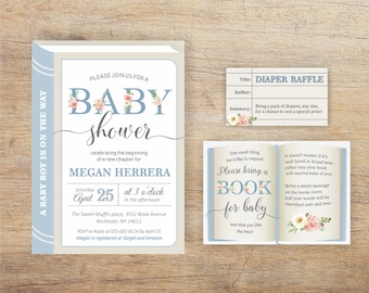 Storybook Baby Invites, Book Baby Shower, Library Invitation Suite, Once Upon a Time, Printable Diaper Raffle, Boys Sprinkle, Light Blue NL