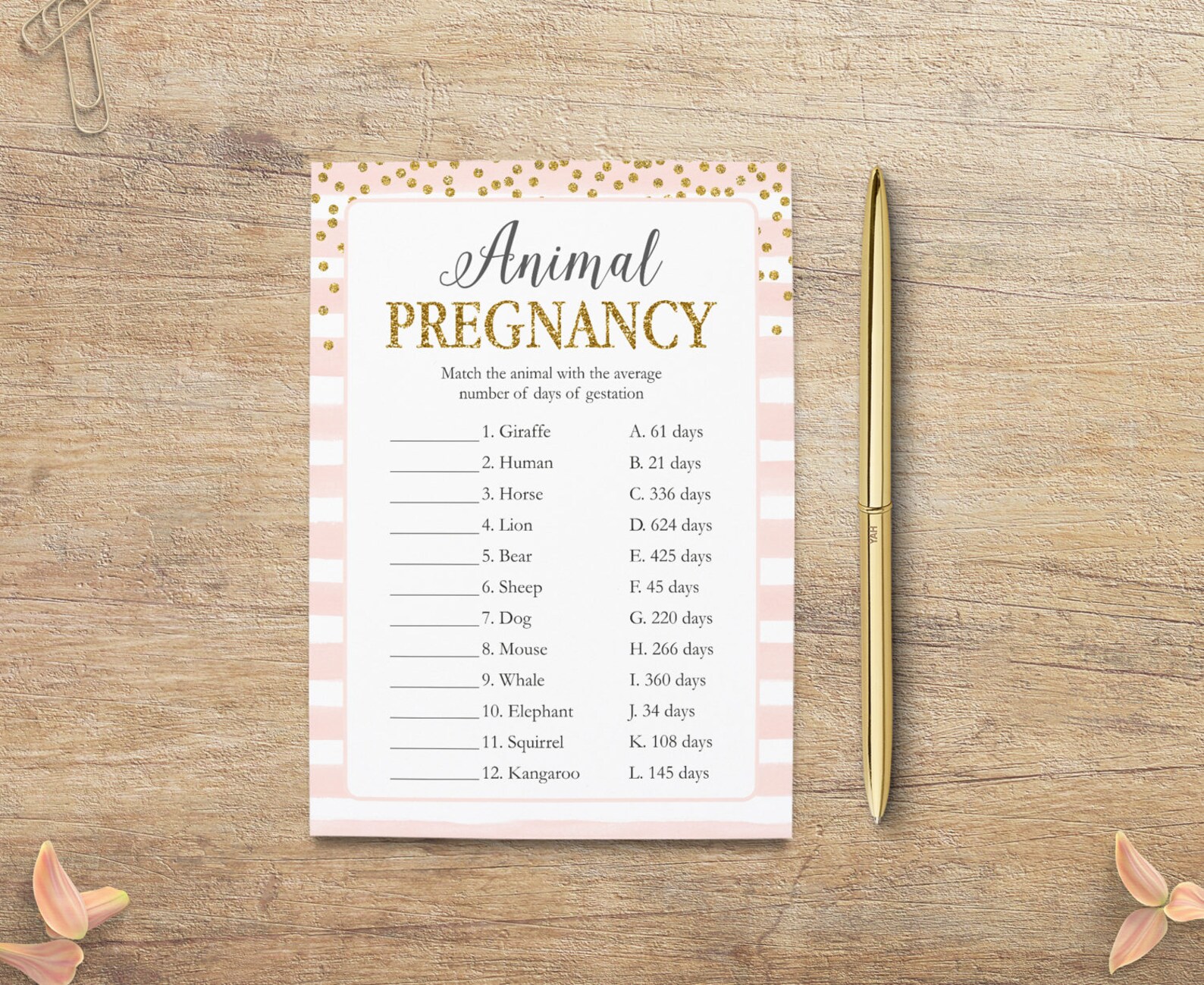 Animal Pregnancy Game Animal Gestation Baby Shower Game Etsy