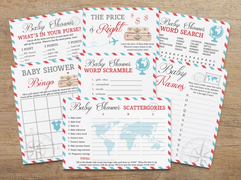 Travel Themed Baby Shower, Printable Baby Games, Game Pack, Around the World Theme, Game Bundle, Girl Boy, Digital, TR Instant Download image 1