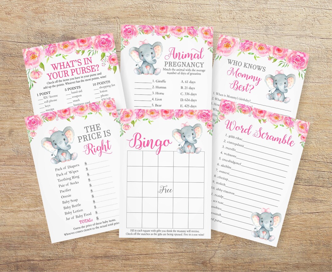 Elephant Baby Shower Games, Pink Game Pack, Girl Baby Sprinkle, Little ...