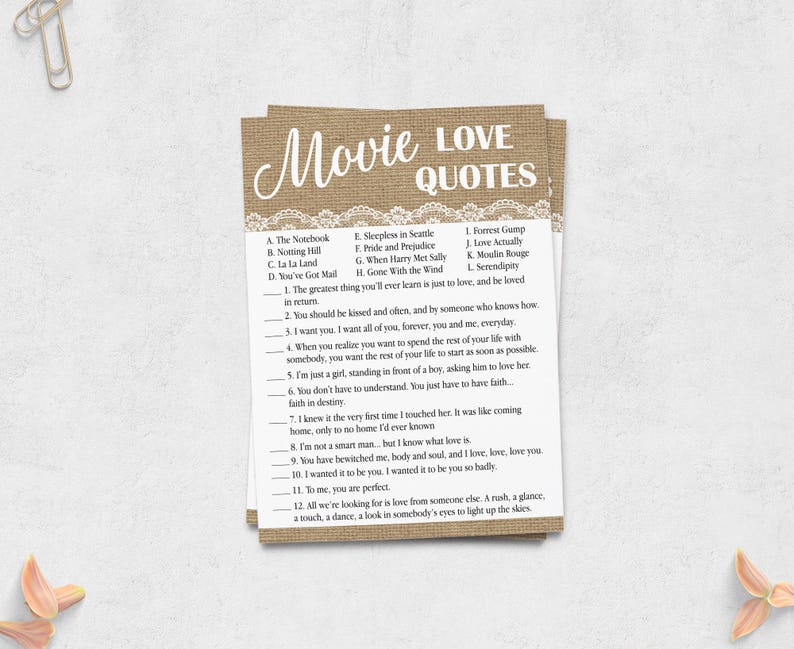 Movie Love Quotes Rustic Bridal Shower Burlap Lace Game Etsy