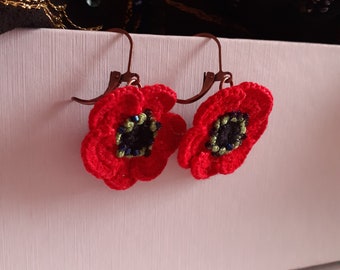 Crochet red poppy earrings Embroidered flower earrings Spring earrings Boho style earrings Gift for mom gift for friend