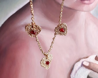 Golden necklace with hanging hearts Textile necklace with red beads Crochet choker Heart necklace for mum