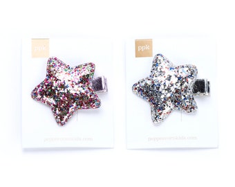 Meisjes glitterster haarclips set van 2 - roze/zilver
