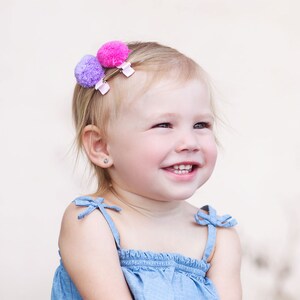 Toddler Girl Pompom Hair Clips Set of 2 Cards - Purple/ Pink, Blue/ Soft Pink
