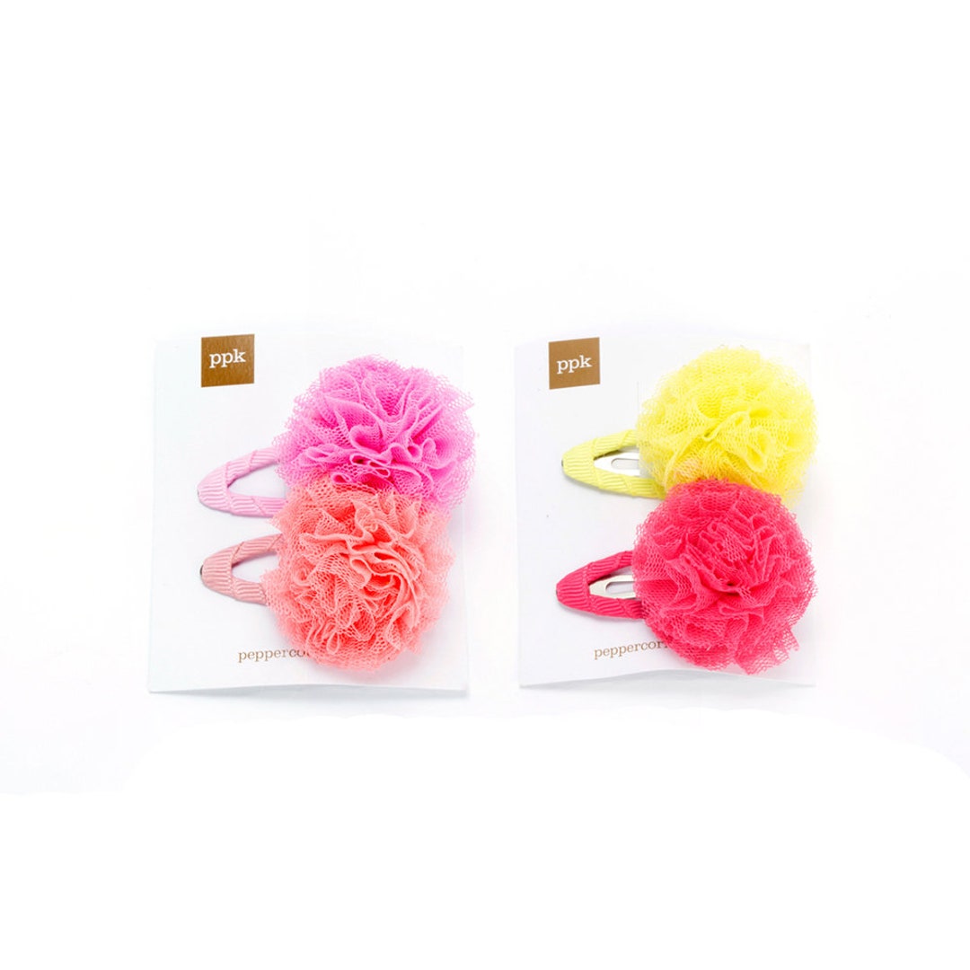 Kids Tulle Pompom Hair Clips Set of 2 Cards -pink/ Peach , Yellow