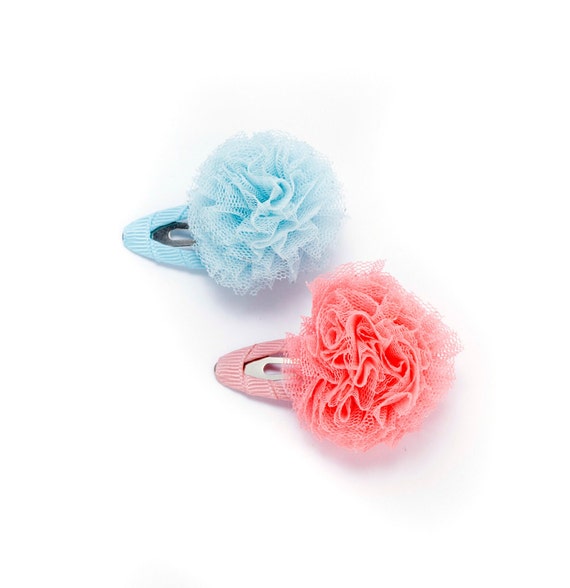 Kids Tulle Pompom Hair Clips Set of 2 Cards -pink/ Peach , Yellow
