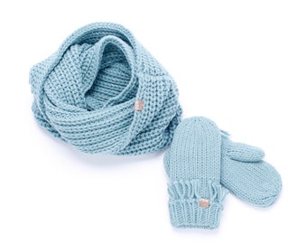 Girls Chunky Scarf Set with Mittens - Winter Blue ( 3-6 Y) (6-12 Yr)