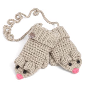 Kids Knitted Mouse Mittens on String - (Infant /Toddler Girl 1-3 Y) (Small Child 3-6Y)
