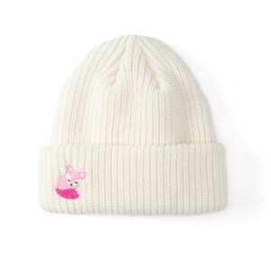 May include: Cream-colored knit beanie with a folded brim. The hat features an embroidered pink fox design on the front. The beanie is made of a ribbed knit material and is suitable for cold weather.