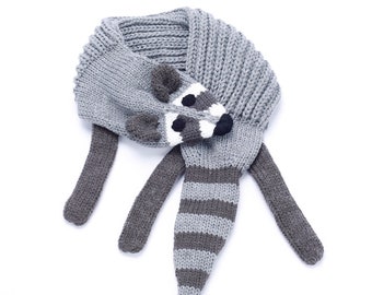 Kids Knitted Raccoon Scarf ( snap closure)  - Grey