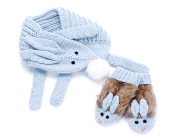 Girls Knit Bunny Scarf Set with Matching Mittens - Winter Blue  (6-12 Y)