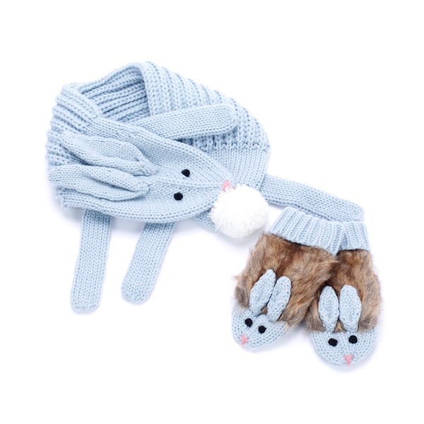 Girls Knit Bunny Scarf Set with Matching Mittens - Winter Blue  (6-12 Y)