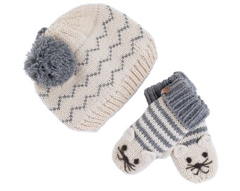 Conjunto de gorro con pompón de punto para niños y mitones de gato
