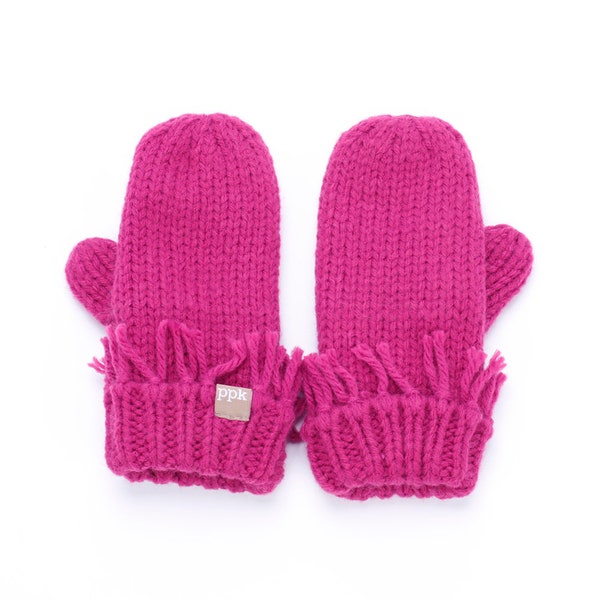 Girls Warm Fringe Tassel Mittens ( fleece lined)  - Berry Pink ( 6-12 Y)
