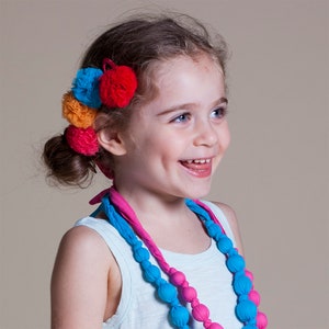 Colorful Pompom Hair Clips Set of 4 ( Pink, Orange, Red, Blue)