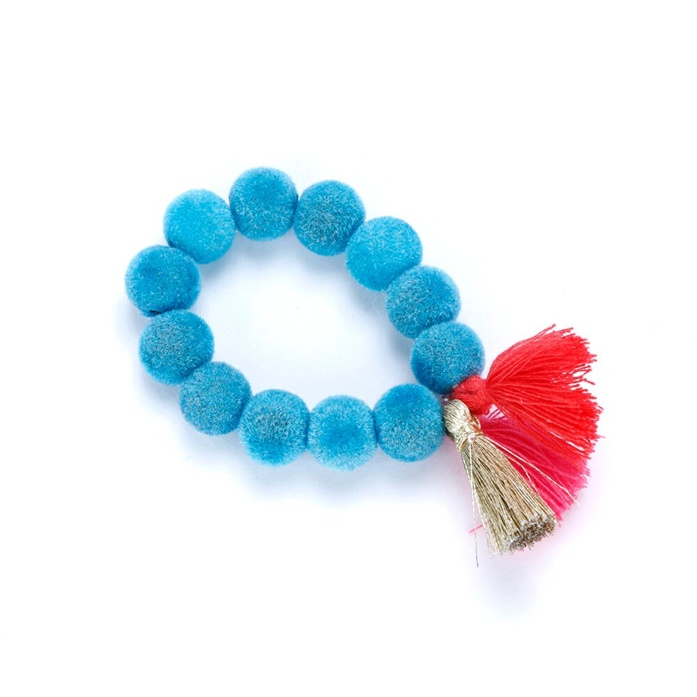 Fuzzy Bead & Colorful Tassel  Bracelet -  Blue