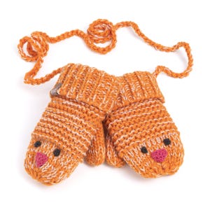 May include: Orange and white knitted mittens with a cartoon animal face design. The mittens are connected by an orange cord. The animal face features black eyes and a pink nose. The mittens are made of a thick, textured yarn.