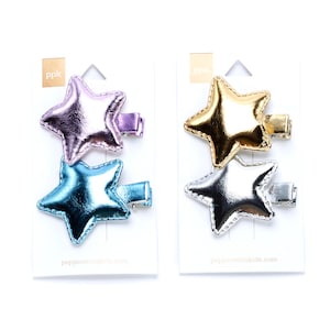 Kids Shiny Leather Star Hair Clips Set of 2 Cards