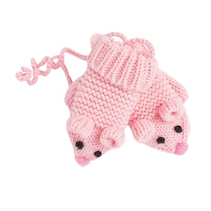 May include: Pink knitted mouse-shaped baby booties with black eyes and a pink nose.