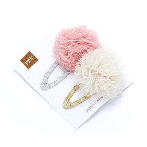 Kids Tulle Pompom Hair Clips Set - Pastel Mauve/ Ivory