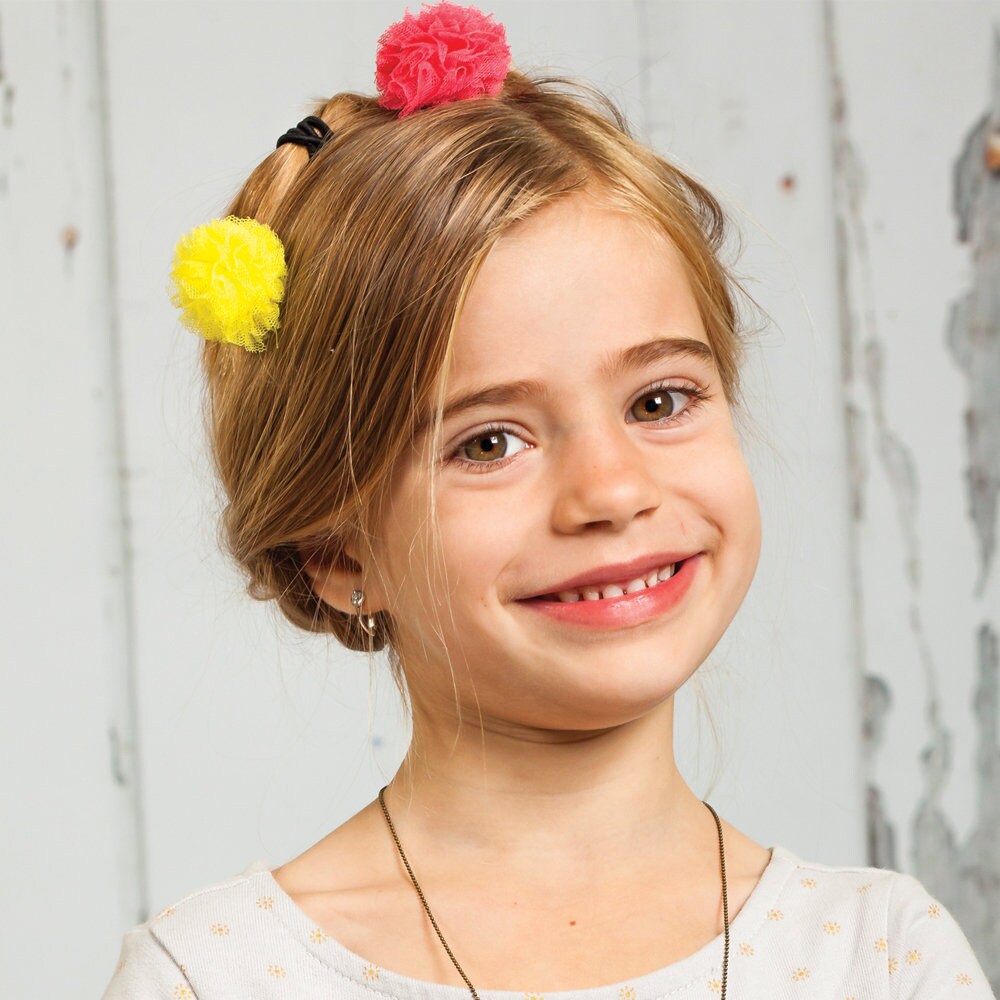 Kids Tulle Pompom Hair Clips Set of 2 Cards -pink/ Peach , Yellow